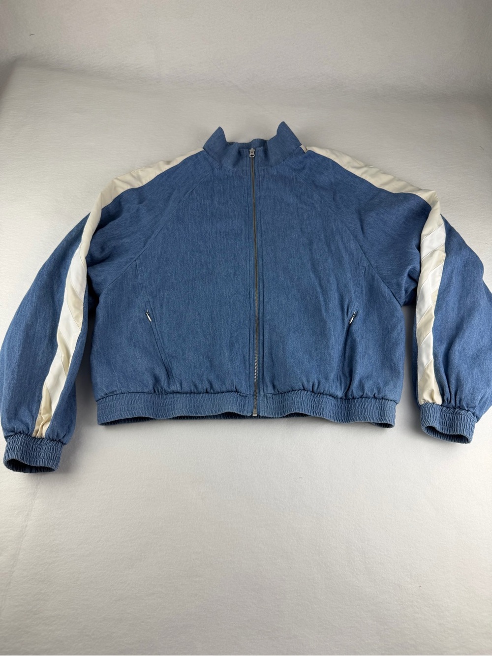 The Upside Oracle Elias Jacket Denim Track   Zip Front with White Stripe - M